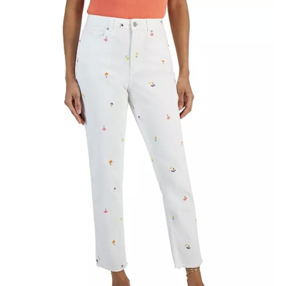 Tinseltown Embroidered Mushroom Flower Frayed Hi Rise Crop Jeans Jr Sz 1 *S - Picture 4 of 8